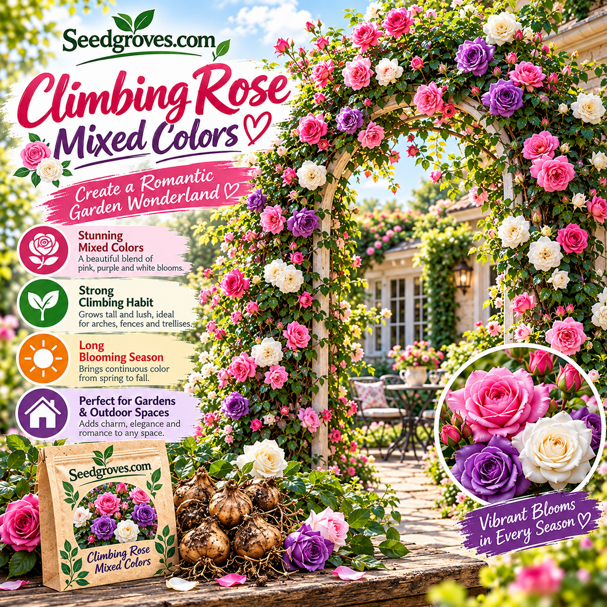 🌹 Colorful Climbing Rose Bulbs – Vibrant Blooms for Arches, Fences & Garden Walls