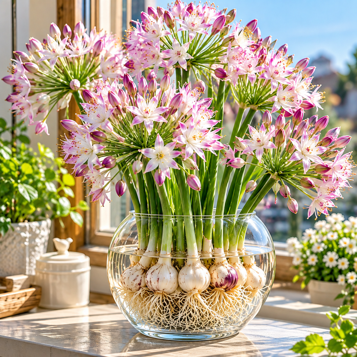 🌱 Hydroponic Garlic Growing Bulbs – Easy Indoor Water Growing & Fresh Green Shoots