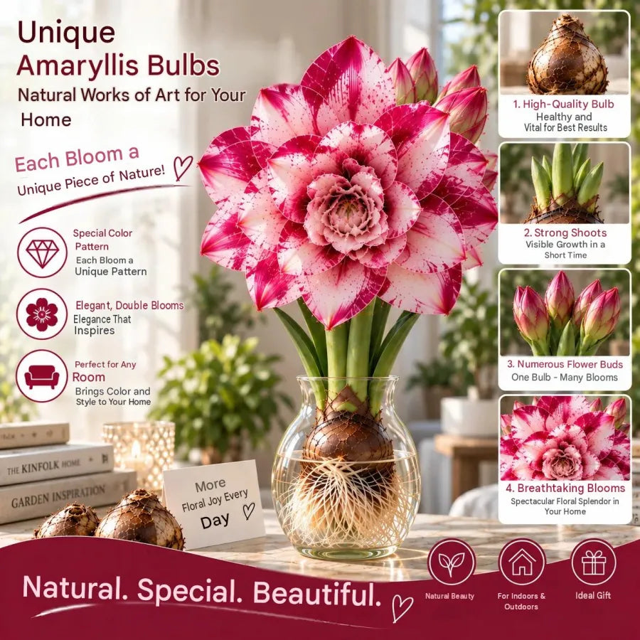 Illustrated pink-and-white double amaryllis flowers in a glass vase