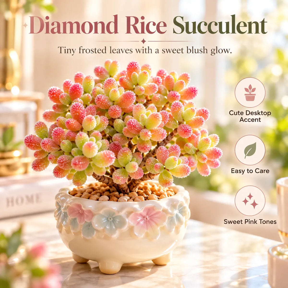 💎💮 Rice Crystal Succulent – Sparkling Frosted Leaves & Pink Blush