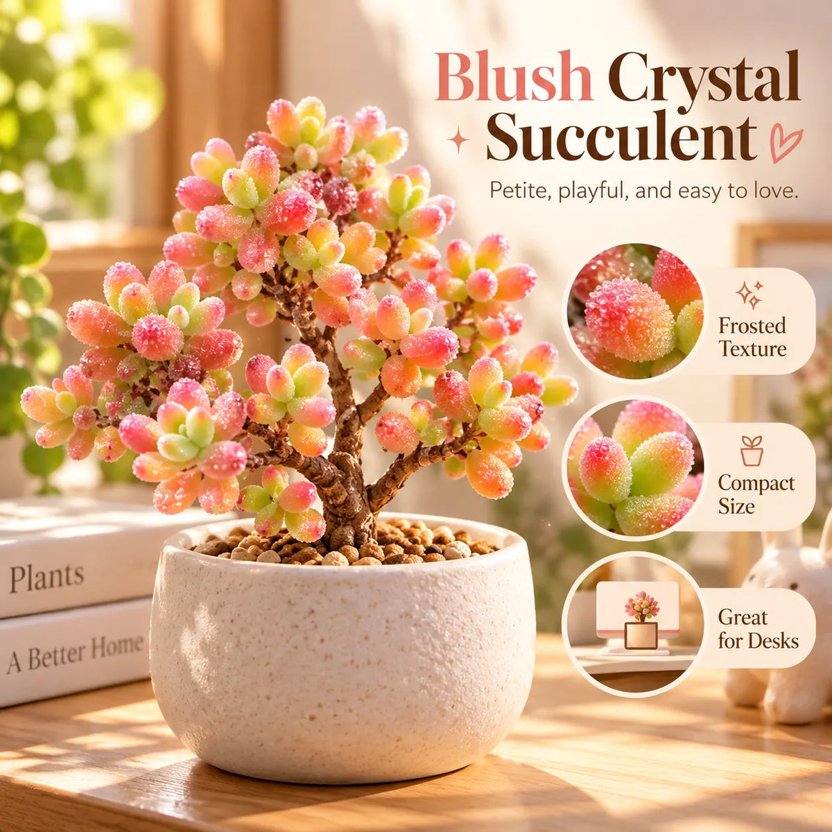 💎💮 Rice Crystal Succulent – Sparkling Frosted Leaves & Pink Blush