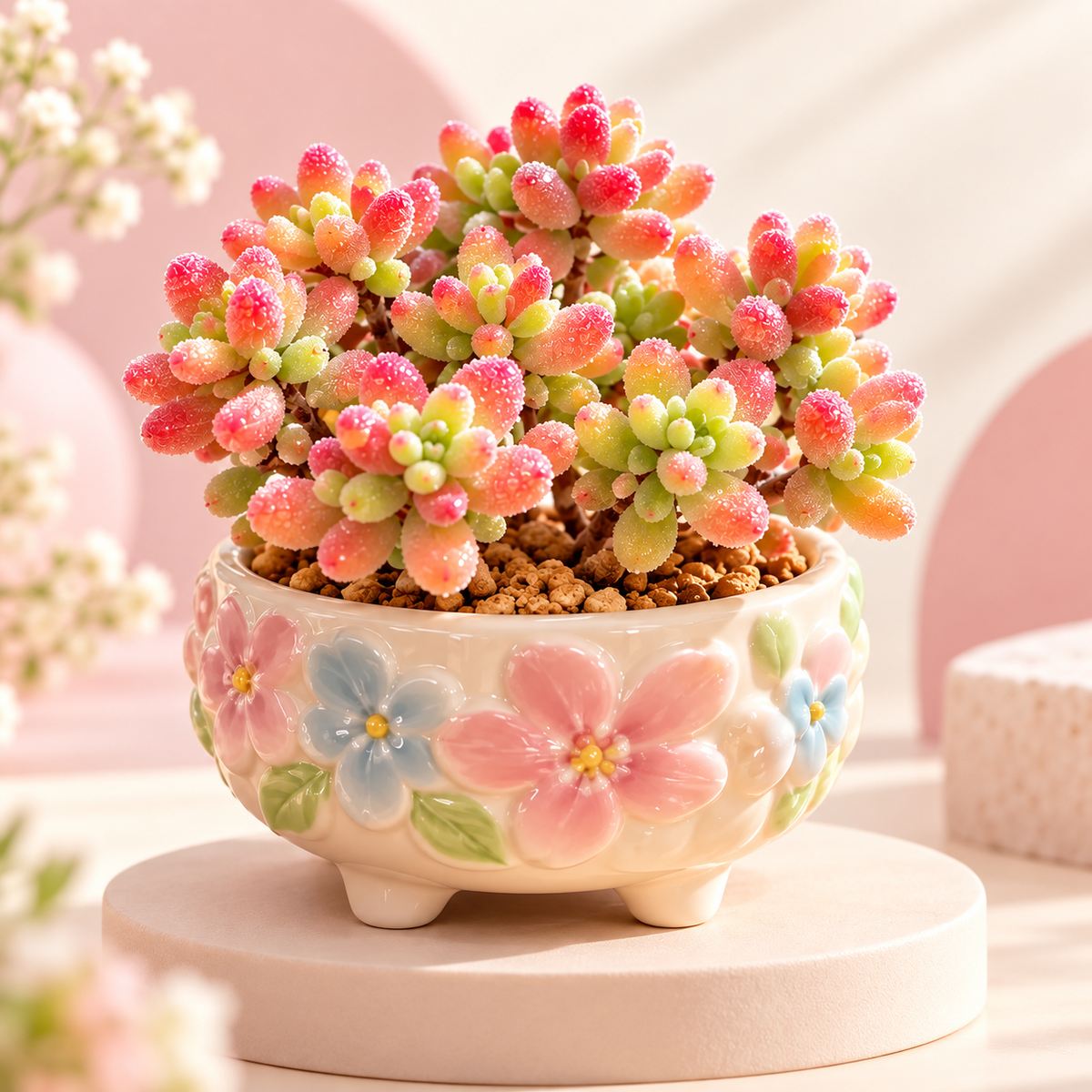 💎💮 Rice Crystal Succulent – Sparkling Frosted Leaves & Pink Blush