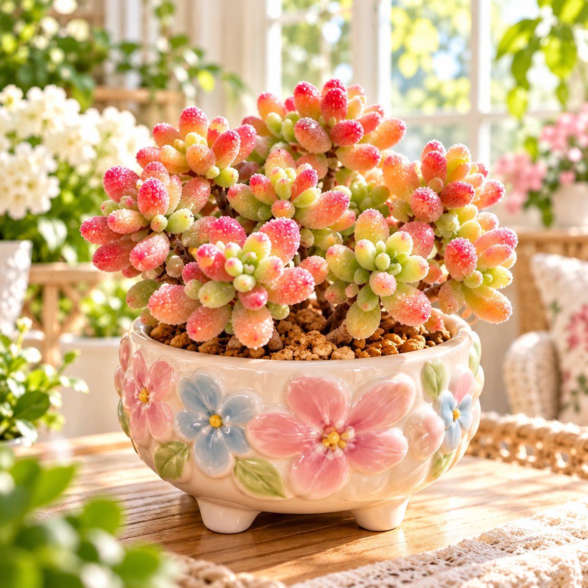 💎💮 Rice Crystal Succulent – Sparkling Frosted Leaves & Pink Blush