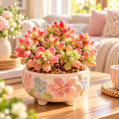 💎💮 Rice Crystal Succulent – Sparkling Frosted Leaves & Pink Blush