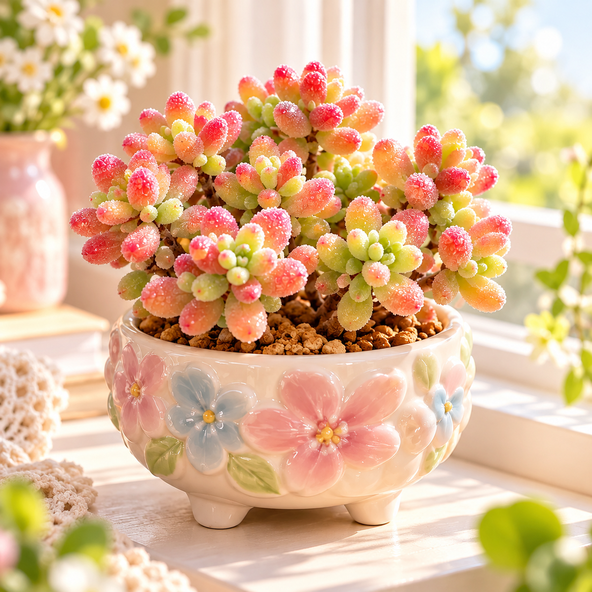 💎💮 Rice Crystal Succulent – Sparkling Frosted Leaves & Pink Blush